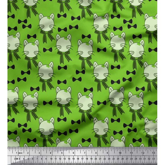 Soimoi Green Rayon Fabric Bow & Cat Face Kids Decor Fabric Printed Yard 56 Inch Wide