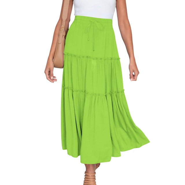 Fashion Women Solid Casual Ruched Ruffles Elastic Waist Skirt, Beach Style Solid Color Drawstring Waist Half Skirt, Comfortable and Stylish Ruffled Design, Lightweight Summer Wear