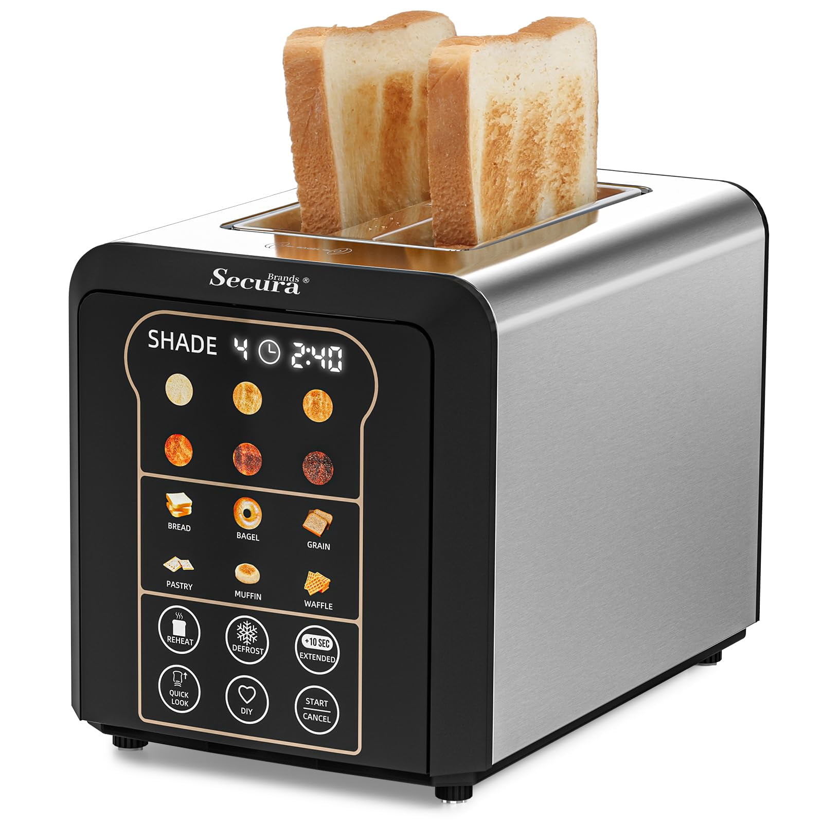 Secura Brands 2 Slice Toaster Automatic, No Lever Stainless Steel Wide Slot Touch Screen Smart Toaster with Digital Timer, +10s Extend, Custom Memory Settings for Home,