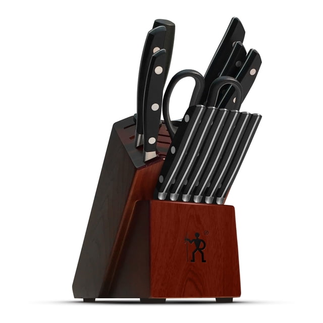 HENCKELS Distinction Ensemble de 14 Blocs de Couteaux, Bloc de Couteaux Noir Orienté vers l'Avant Montrant l'Ensemble de 14 Pcs : Couteaux de chef, Pain, d'Office et de Préparation de 5,5 Pouces, Utilitaires Dentelés de 5 Pouces, six Couteaux à steak, Cisailles de Cuisine et Acier d'Affûtage; Lames en Acier Inoxydable Allemand à Pleine Longueur avec Mitaines Courbées et Poignées Noires Classiques à Triple Rivetage, Couteaux Fabriqués en Espagne, Souvent Utilisés pour la Préparation