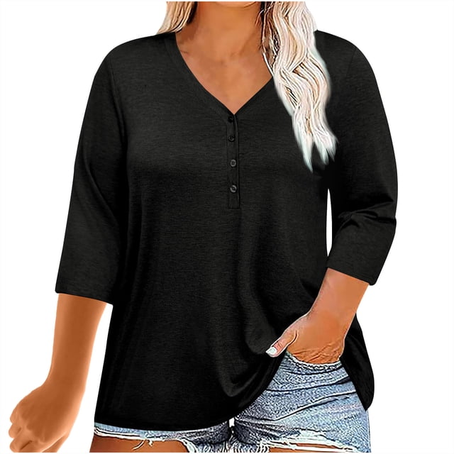 Plebaso Womens Plus Size Tops 3/4 Sleeve V Neck Casual T Shirts Loose Solid Color Button down Blouses Tees