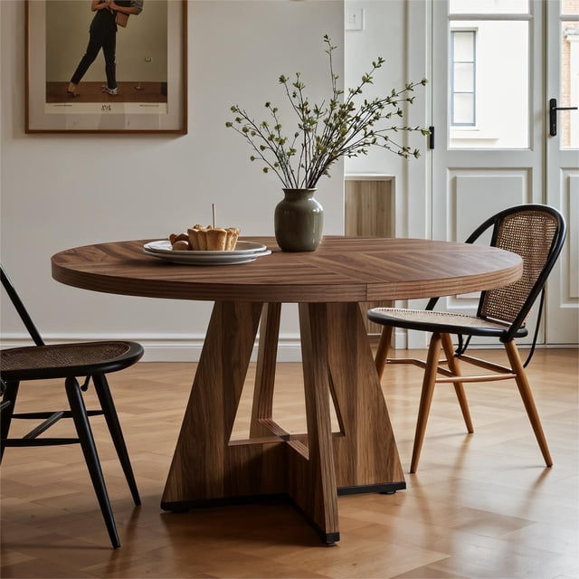 Fnova 47" round dining table for 4 people in a modern farmhouse style, featuring a walnut finish. The table has a 1.18-inch thick wooden top with a rounded-edge design for safety and aesthetics, and 1.57-inch thick legs for stability. The waterproof and scratch-resistant surface ensures durability, while the adjustable foot pads provide stability on uneven floors. Shown in a bright dining room with wooden flooring and paired with black and rattan chairs. Chairs not included.