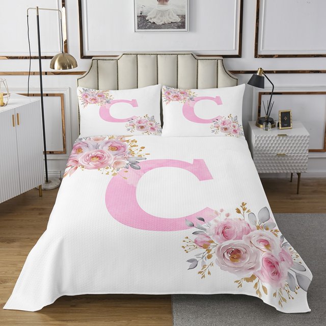 Erosebridal Ensembles de Couvre-Lit Lettre Initiale C à Motif Floral Format Simple, Courtepointe Monogrammée, Déco d'Anniversaire