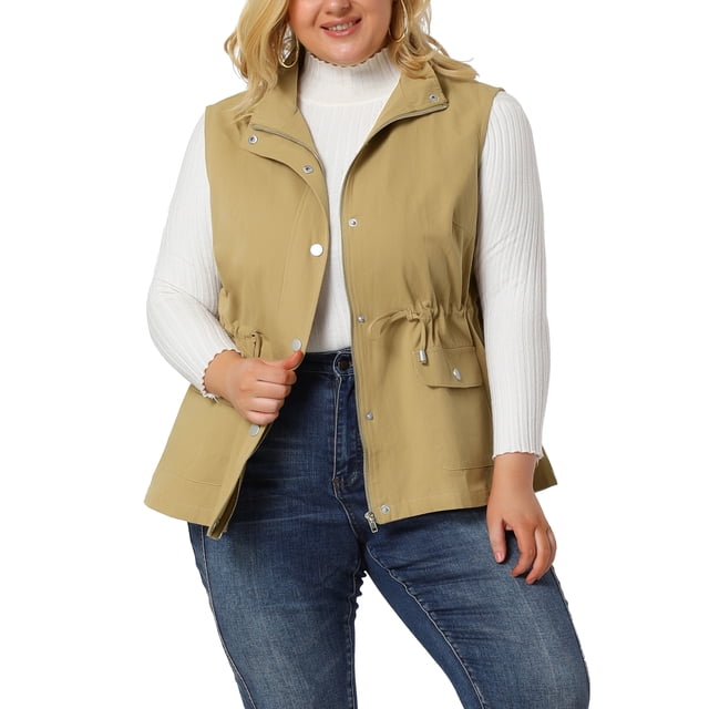 GRACE & GRANDEUR Women's Plus Size Cargo Pocket Drawstring Waist Vest Jacket