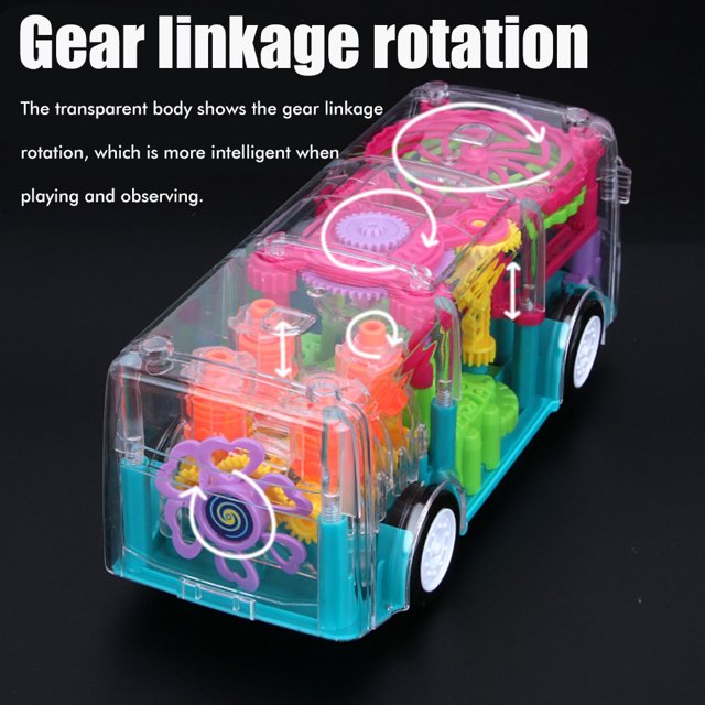 Children Electronic Transparent Music Gear Bus Car Funny Toy Early Education Funny Toy Universal Rotating Bus Toy. The toy features a transparent ABS body showcasing colorful gear linkage rotation, dynamic music, and cool spinning stunts. Designed for children aged 4-7, it offers electric universal rotation for directional changes. Requires 3 AA batteries (not included).