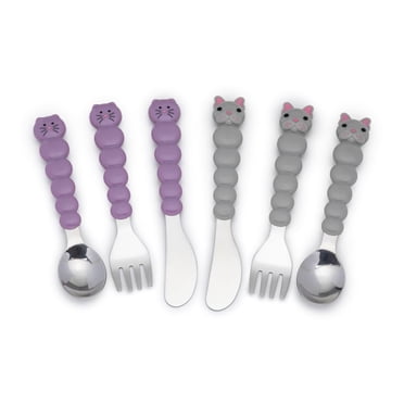 Melii Stainless Steel Spoon, Fork and Training Knife Set for Kids, 6 piece Set, Cat and Bulldog