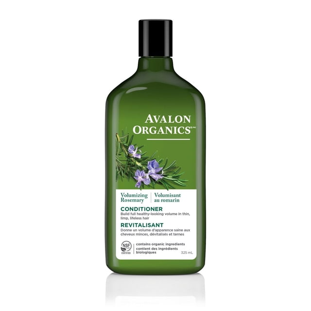 Avalon Organics Rosemary Volumizing Conditioner in a 325 mL green bottle with black cap, featuring rosemary sprigs with purple flowers on the label, containing organic ingredients to build volume and strengthen thin, limp hair for a fuller, healthy look.