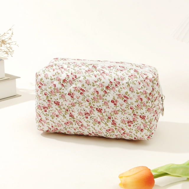 Travel Floral Quilted Cosmetic Bag Portable Small Storage Organizer for