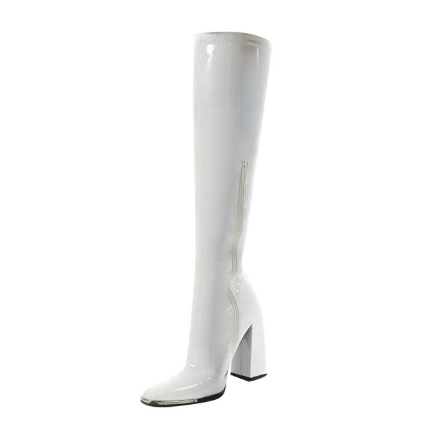 Womans Head Thick Heel Bright Leather High Heel Boots Side Zipper Middle Boots