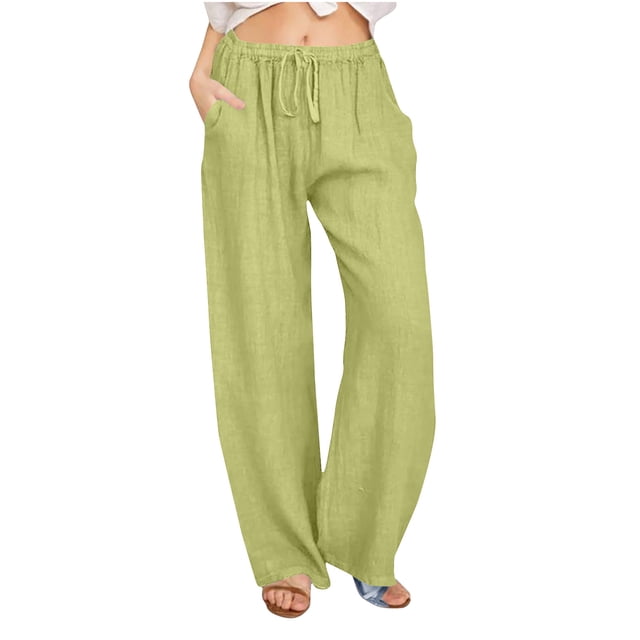 Timegard Cotton Linen Pants for Women Elastic Waist Drawstring Fall Travel Casual Pants with Pockets