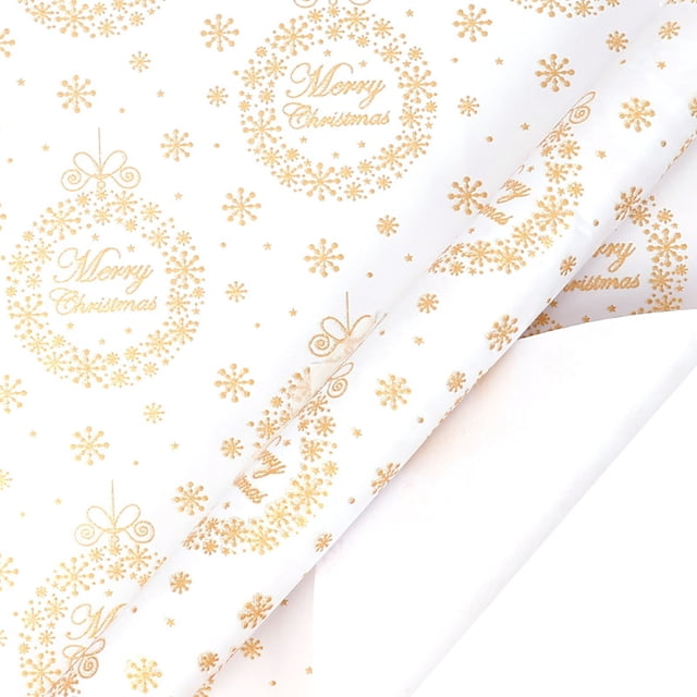 Meitianfacai Gold Foil Christmas Wrapping Paper 3 Meter Roll 80 GSM Thick Gift Wrap with Reverse Side Cutting Guide Recyclable Holiday Present Packaging for Christmas Birthdays