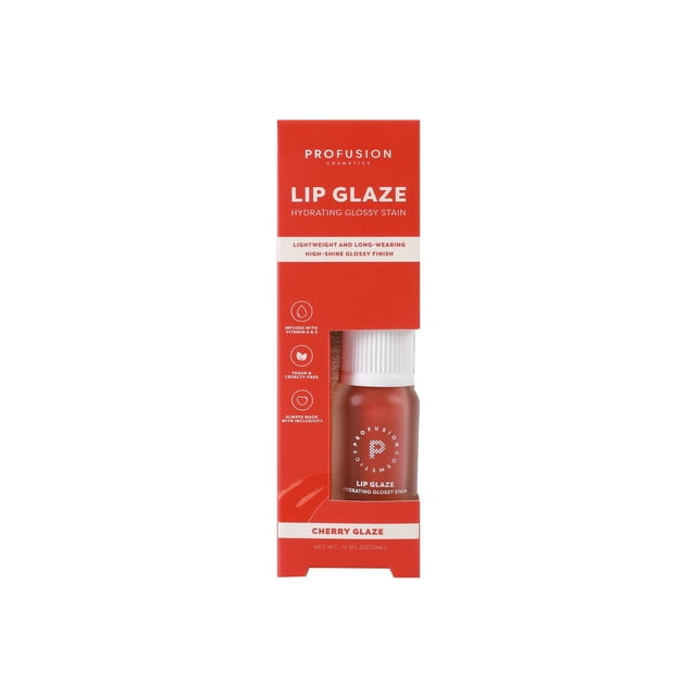 PROFUSION COSMETICS Hydrating Lip Stain Cherry Glaze in a small bottle with white cap inside a red box featuring a lip glaze formula that is lightweight, long-wearing, and delivers a high-shine glossy finish, infused with vitamins A and E, vegan and cruelty-free for nourished, glossy lips.