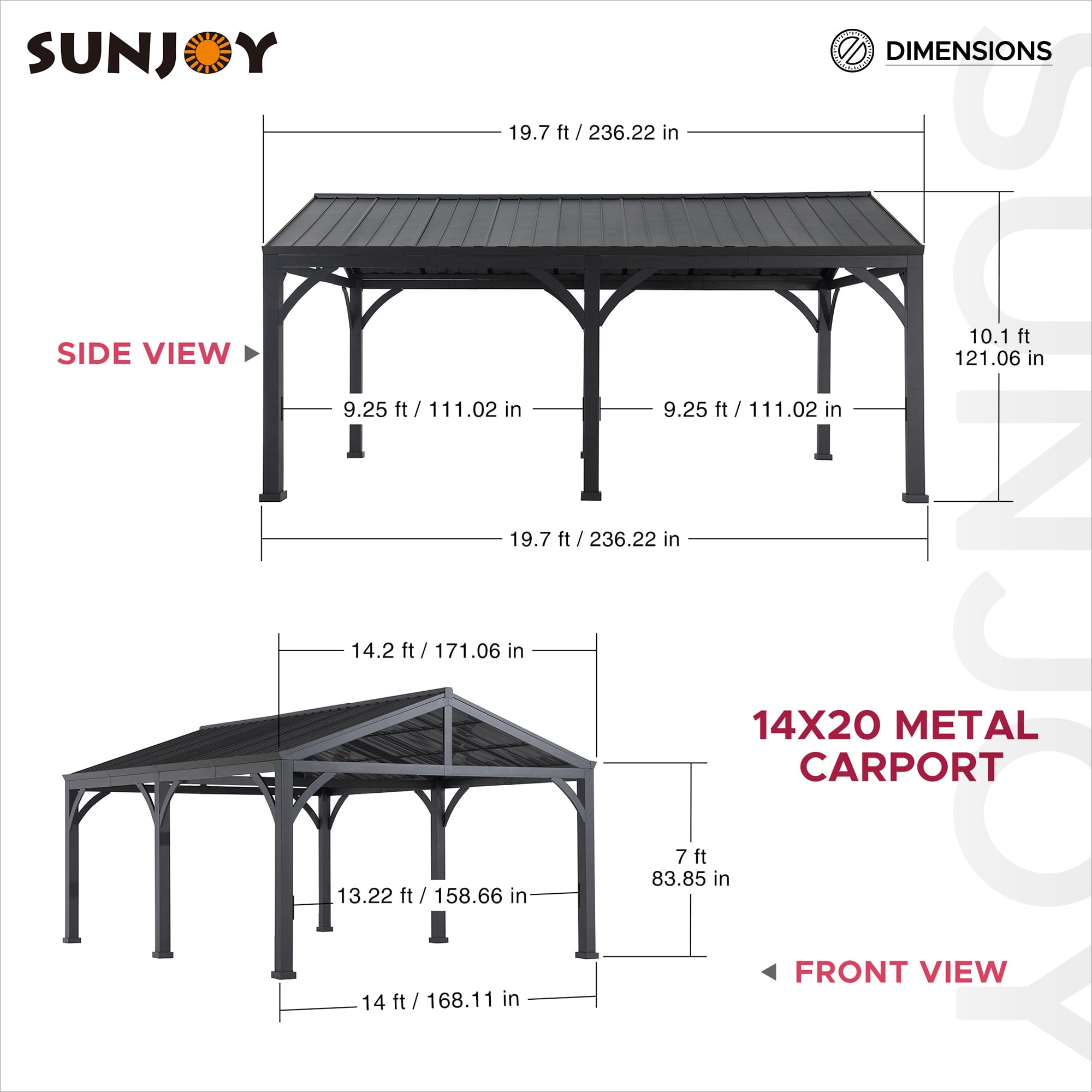 Sunjoy Carport 20 ft. x 14 ft. Gazebo Extérieur Abri de Voiture Robuste avec Toit en Acier Galvanisé Thermolaqué Marron / Cadre Noir et 2 Crochets de Plafond
