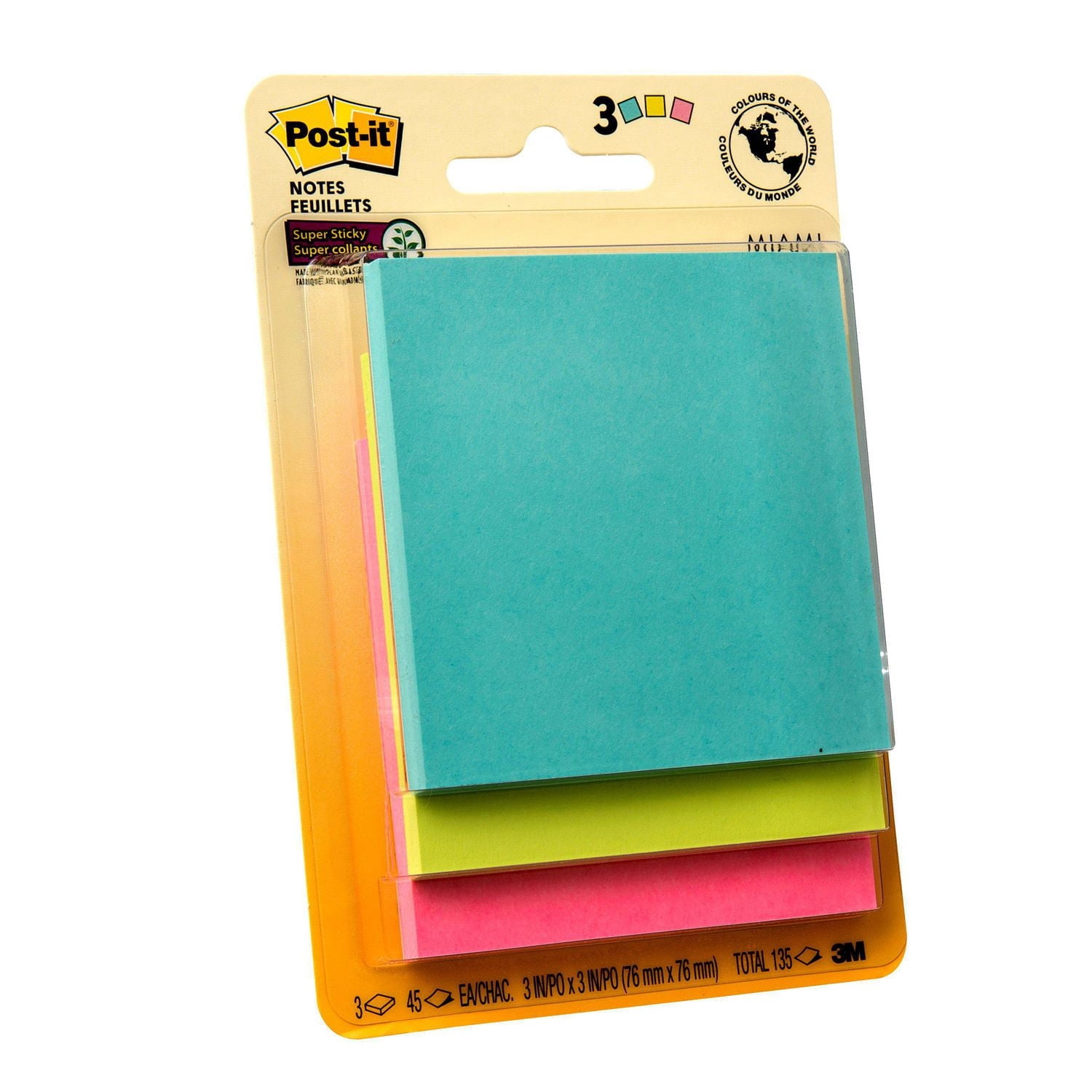Feuillets super collants Post-it®, collection Miami, 7,6 cm x 7,6 cm (3 po x 3 po)
