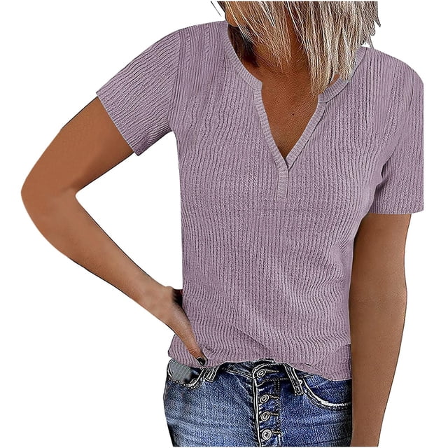 Jsaierl Ribbed Knit Tank Tops for Women Solid Color Notched V Neck Short Sleeve Shirts Daily Going Out Basic Tees Tops