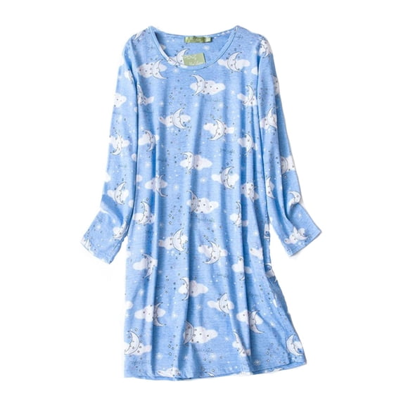 Women'S Cotton Nightgown Sleepwear Long Sleeves Shirt Casual Print Sleepdress Women Nightgowns & Sleepshirts Dark Blue Xl