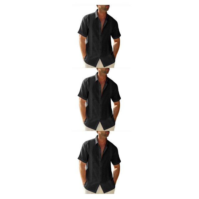 pitrice Men Shirt Casual Short Sleeve Breathable Replacement Button Down Solid Color Fashionable Home Dating Shirts Top Black M 3Set