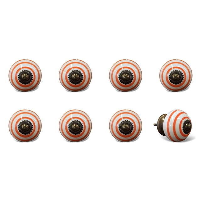 KNOB-IT vintage handpainted ceramic knobs 8 pack with round white ceramic knobs featuring orange concentric rings and antique brass centre hardware, 1.5 inch diameter, bolt length 1.25 inch can be trimmed, ideal for cabinets, drawers, and decorative furniture updates.