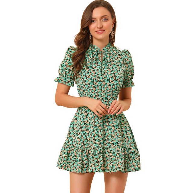 INSPIRE CHIC Robe d'Été pour Femme à Volants, Florale, avec Nœud, en Mousseline, Manches Courtes Bouffantes