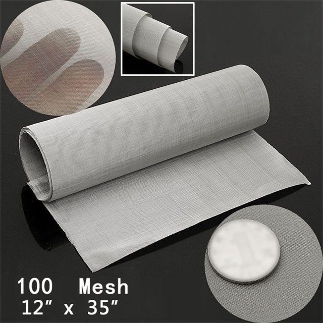 Stainless Steel 35*12inch 100 Micron Mesh Woven Wire Cloth Screen Filter Sheet displayed in a rolled and flat layout. Made of durable stainless steel, it features a fine 100-micron mesh for filtering industrial paint, oil, and water. The sheet measures approximately 35.4 by 11.8 inches and is resistant to water, wear, acid, high temperatures, and weather. Includes close-up views of the mesh texture and material.