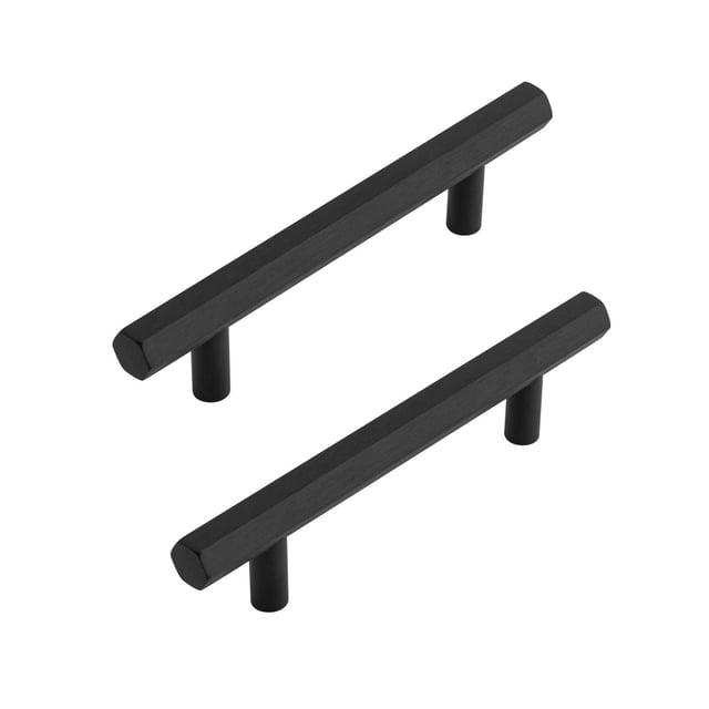 Era Hexagon Pull 2-Pack Brushed Black with two hexagonal metal cabinet pulls in a brushed black finish and cylindrical mounts, designed for modern and industrial cabinet hardware, also suitable for desks and drawers.