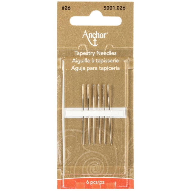 Anchor tapestry needles size 26 six-pack with rounded ends ideal for needlepoint and cross stitch projects, displayed in clear plastic packaging on gold and red backing card for arts and crafts sewing.
