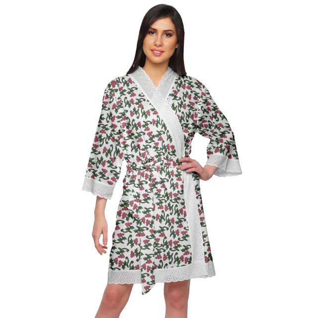 Moomaya Cotton Printed Robe For Women Kimono Getting Ready Bridesmaid Lace Robes
