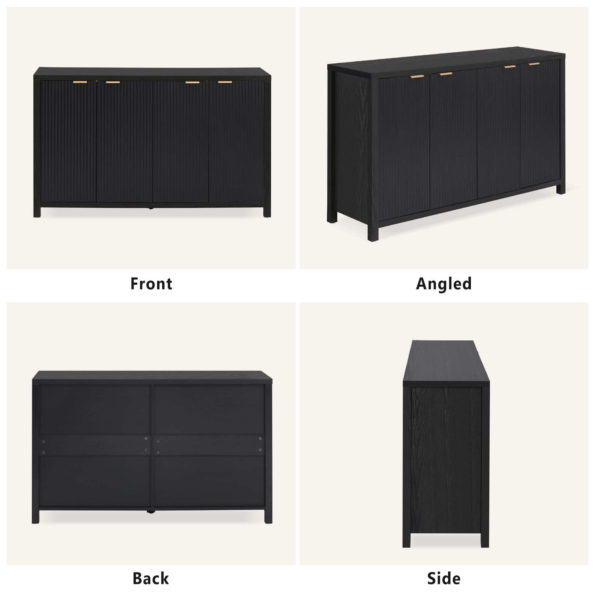 Noble House 55" Fluted Buffet Cabinet,4-Door Farmhouse Accent Storage with Adjustable Shelves for Dining Room,Black