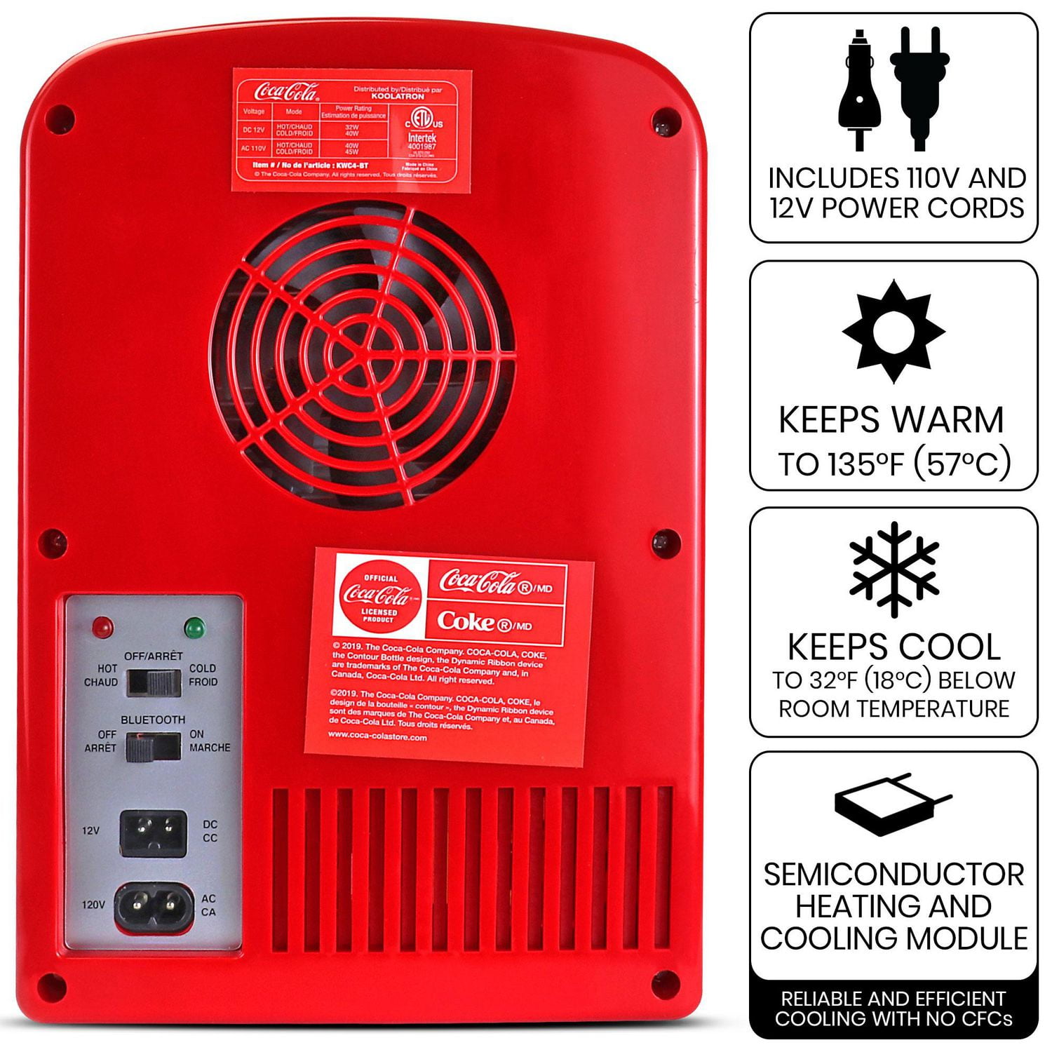 Coca-Cola Mini réfrigérateur portable 6 canettes, haut-parleur Bluetooth, refroidisseur/réchaud 4 L, rouge