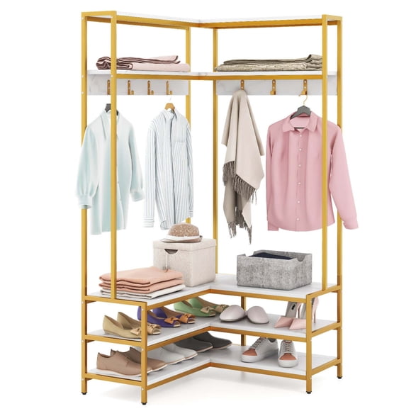 Costway Corner Garment Rack L-shaped Clothes Rack with Open Shelves & Adjustable Foot Pads White
