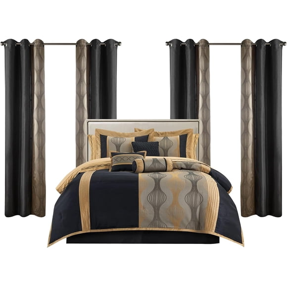 King Comforter Set, Black Gold, 15 Pieces Room in a Bag, Ultra Soft Jacquard with Patchwork, Luxury Bed Set with Sheets, Curtains, Bed Skirt, Pillow Shams, Cases and Pillows