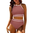 thumbnail image 2 of Penkiiy Swimsuit Set for Women 2 Piece Ribbed High Waisted Bikini Set Sporty Color Block Bathing Suits 2XL Brown, 2 of 7