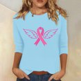 thumbnail image 1 of Jsaierl Hauts Graphiques Ruban Rose pour Femmes T-Shirts Cancer du Sein Manches 3/4 Col Rond Pull Lutte contre le Cancer Blouses d'Octobre, 1 of 5