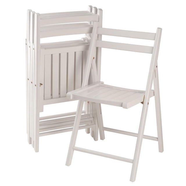 Robin Ensemble de 4 Chaises Pliantes Blanc Comprend Quatre Chaises Pliantes en Bois Massif avec Sièges à Lattes et Dossiers à Double Barre pour un Soutien Ergonomique. une Chaise Est Ouverte, Trois d'Entre-elles Sont Pliées à Plat et Empilées pour un Rangement compact, Convient aux Sièges Supplémentaires dans les Espaces de Salle à Manger Ou de Cuisine.