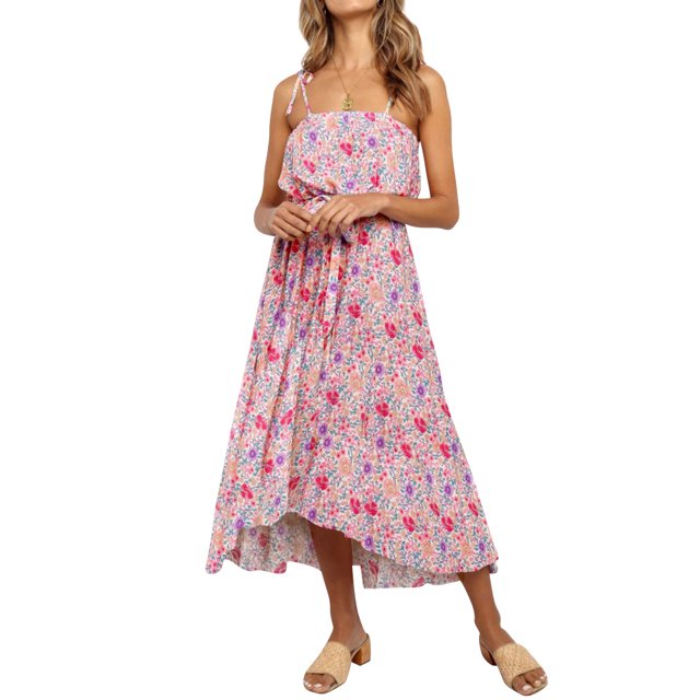 Robe Longue à Bretelles Spaghetti pour Femmes avec Nœud Floral et Ourlet Haut-Bas