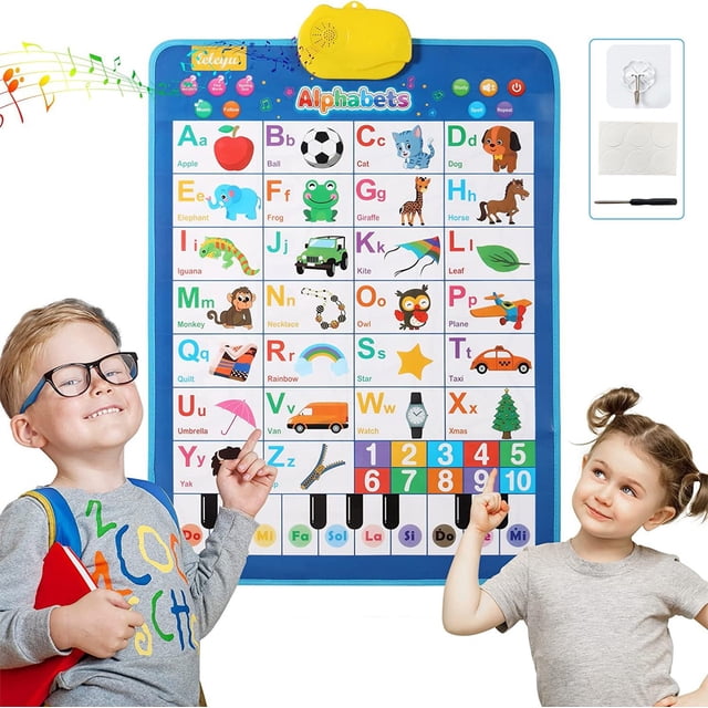 Electronic Alphabet Wall Chart Interactive Chart for Child Roll Learning Pronunciation Learning Toys for Kids. This educational chart features a blue background with colourful illustrations of letters, numbers, and objects to help children learn the alphabet, numbers 1-10, and words. It includes interactive buttons for sounds, songs, and quizzes, promoting an engaging learning experience. The chart measures 23 x 16 inches, is made of durable PVC material, and can be easily hung on walls or doors. Accessories include a hook, screwdriver, and double-sided stickers for convenient setup.