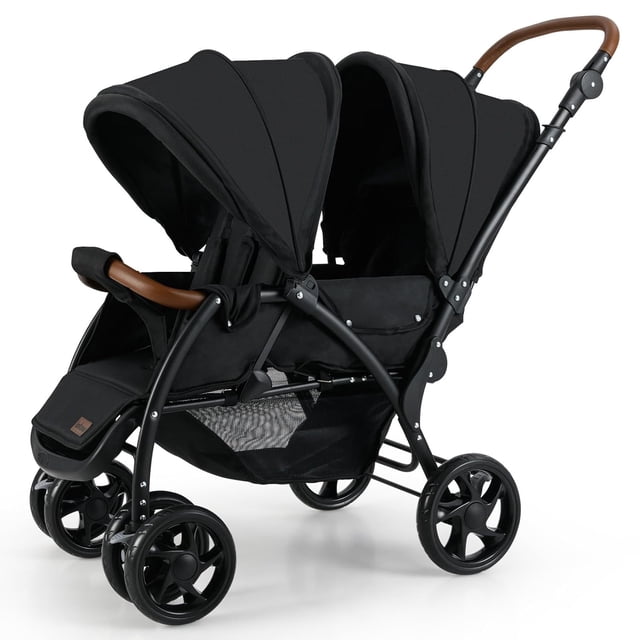 OLAKIDS Double Stroller, Foldable Baby Tandem Stroller with Djustable Backrest Canopy Footrest, 5-Point Harness, Storage Basket, Convertible Compact Lightweight Twin Stroller for Infants and Toddlers Foldable black/grey tandem stroller with adjustable canopies, compact fold to 43.5" x 23" x 14", reclining seats (front 105°–135°, rear 105°–170°), 5-point harnesses, lockable swivel front wheels and rear one-step brake.