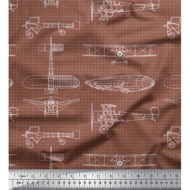 Soimoi Rayon Fabric Check & Airplane Transport Print Sewing Fabric Yard 56 Inch Wide