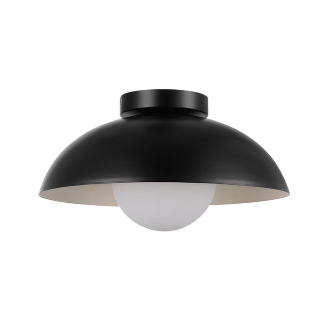 1-Light Matte Black Flush Mount Ceiling Light with a 13-inch-wide matte black metal dome shade and a 5.5-inch white opal glass globe shade, designed for ceiling installation using one E26 medium base bulb to provide soft, diffused lighting.