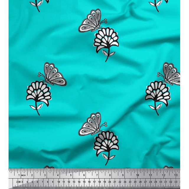 Soimoi Tissu Georgette Viscose Bleu Tissu à Imprimé Floral et Insectes au Mètre 42 Pouces de Large