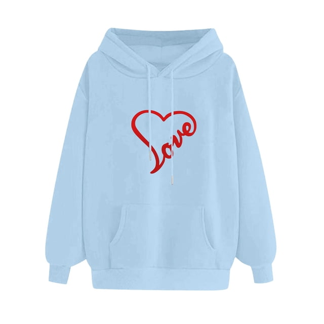 WZXFASHION Women's Solid Color Long Sleeved Love Printed Hooded Sweater Clearance lightweight pullover sweater