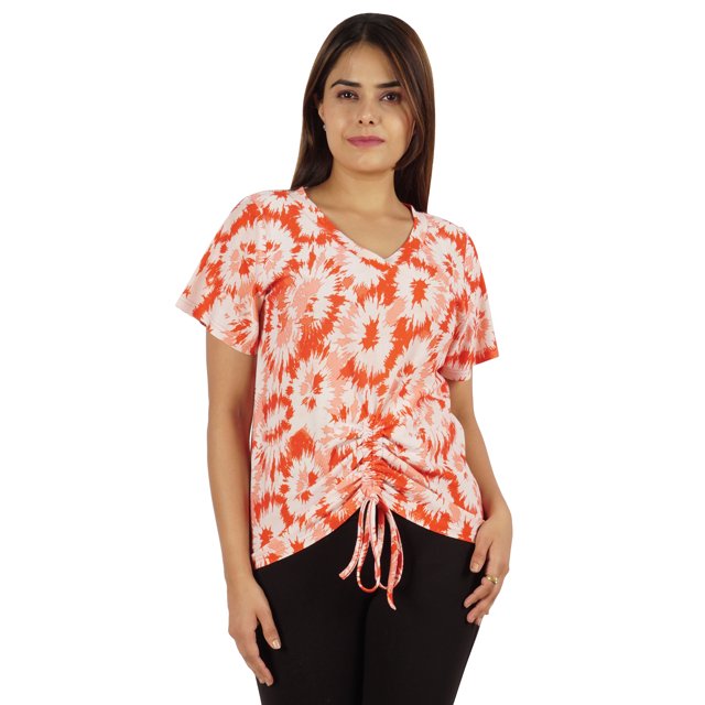 Moomaya T-Shirts Teinture sur Nœuds à Manches Courtes Froncées pour Femmes Col en V Décontracté en Jersey
