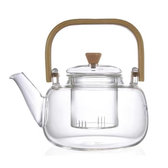 veasfak Glass Teapot Kettle with removable strainer, made from temperature-resistant borosilicate glass, featuring a 900ml capacity and a widened wooden handle. Suitable for stovetop use, including gas, electric, ceramic, and induction cooktops. Perfect for brewing loose leaf teas, blooming teas, and as a versatile tea maker for home or hotel drinkware collections.