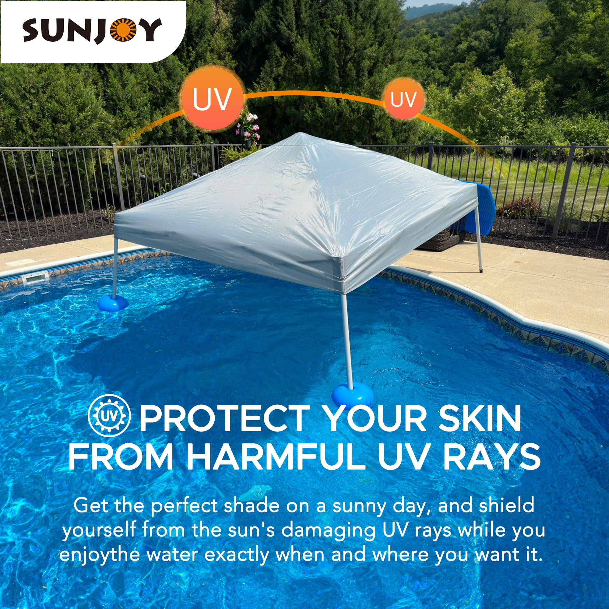 Auvent de piscine flottant Sunjoy 10' × 10' Gazebo pop-up en tissu gris, tente flottante à cadre en acier et aluminium avec flotteurs en PVC, pompe à air manuelle et sac de transport
