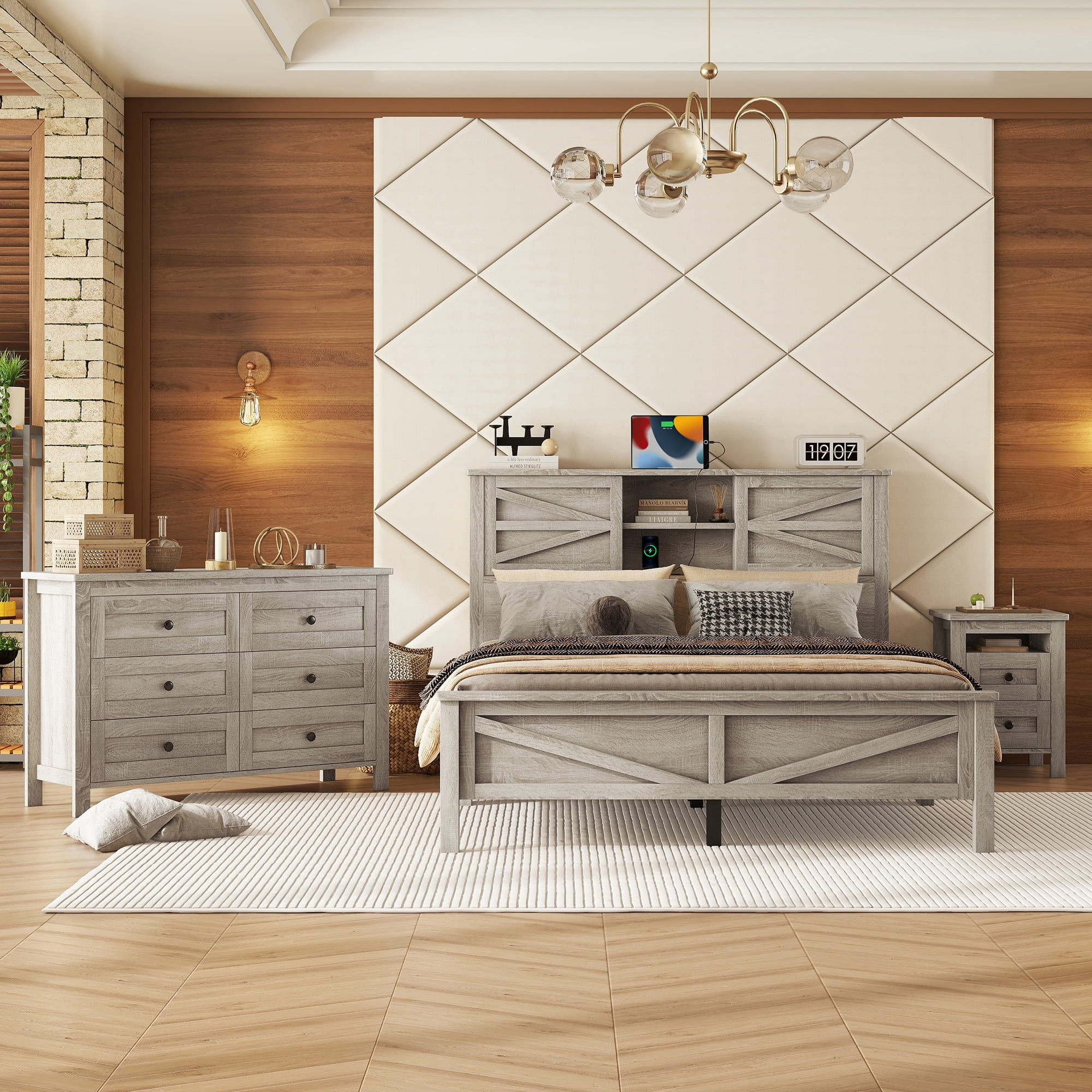 Ensemble de chambre 3 pièces Noble House : lit plateforme de style ferme, grand lit, gris antique