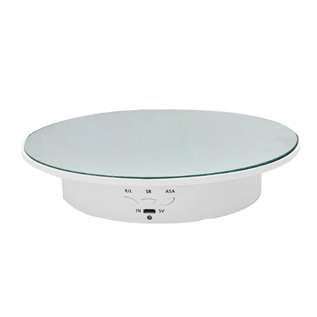 Support d'Exposition Électrique Rotatif à 90/180 Degrés avec surface Miroir sur base Blanche, Idéal pour la Photographie, les Vitrines de Produits et l'Exposition d'Articles comme des Bijoux Ou des Modèles. Offre un Fonctionnement Silencieux, Trois Vitesses Réglables (8/15/30 Tr/min), rotation dans le Sens des Horloges/contre-Montres et Alimentation USB. Mesure 20 cm de Diamètre et 4 cm de Hauteur.