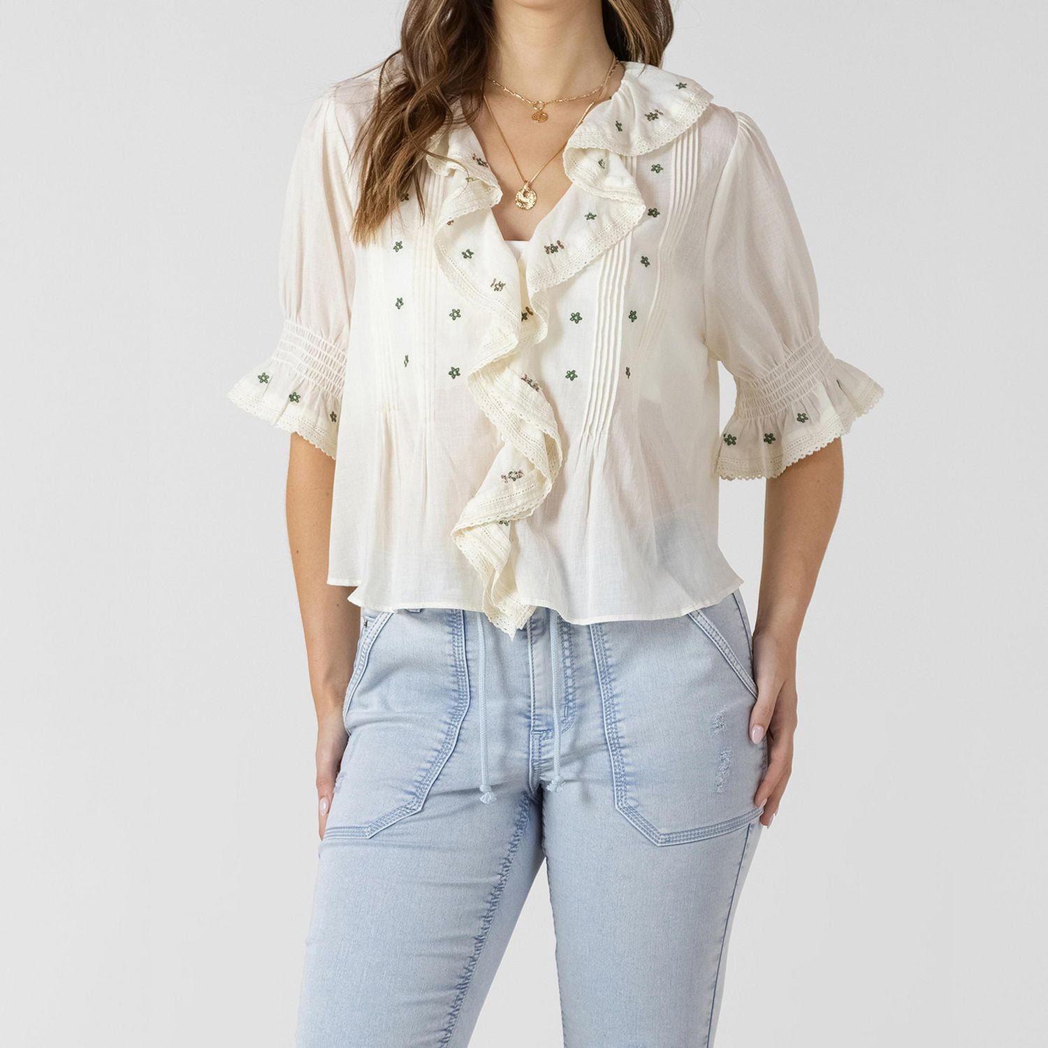 Devoted, Ruffle Detail Embroidered Blouse, Sizes XS-XL