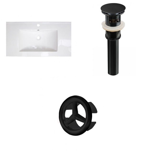 American Imaginations 32-in. W Ceramic Top Set with a white rectangular ceramic sink top featuring a centered single faucet hole and overflow, paired with a black bathroom sink drain and black overflow cap, designed for drop-in installation in bathroom vanities.