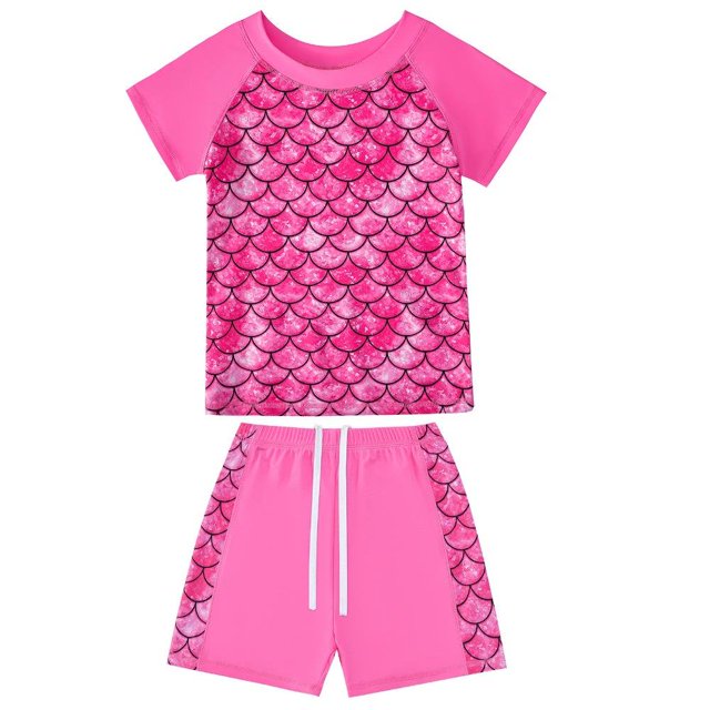 Girls Rash Guard 2-Piece Swimwear Fish Scale Pattern Swimwear Upf 50+ Uv for 4-12Y