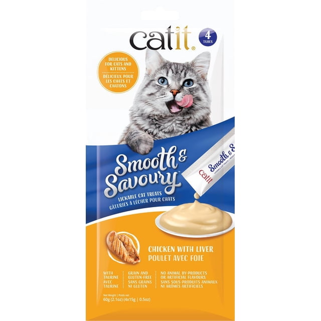 Catit Smooth & Savoury Cat Treat, Chicken with Liver, 4 pack featuring lickable soft cat treats in tubes, grain and gluten-free, fortified with taurine, no animal by-products or artificial flavours, with a grey tabby cat licking its lips on the packaging, suitable as a hydrating snack or food topper.